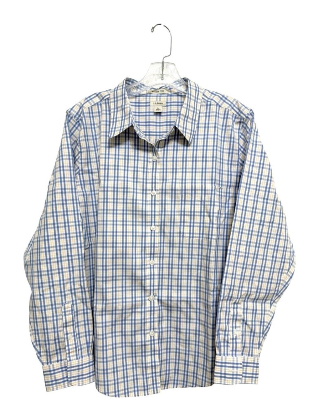 Vtg LL Bean Cottom Size Large Blue Yellow Plaid Button Up Wrinkle Free Blouse